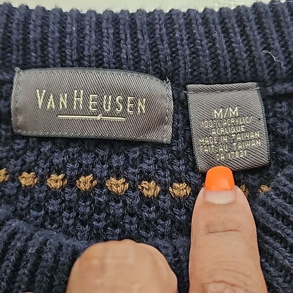 Van Heusen Men's Knitted Long Sleeves Sweater Medium Navy Blue/Brown - Picture 7 of 16